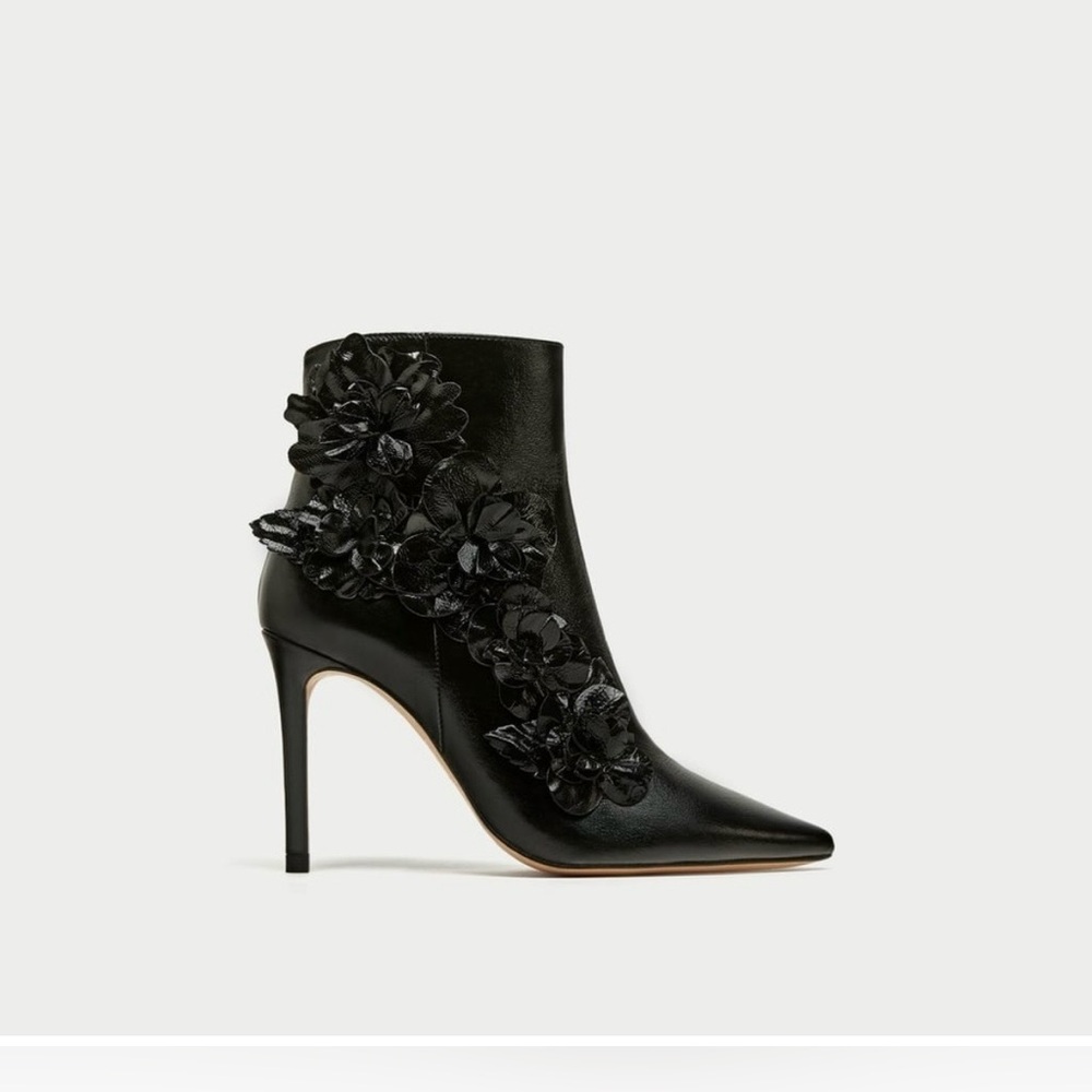 Zara Black Floral Appliqué Leather Ankle Booties